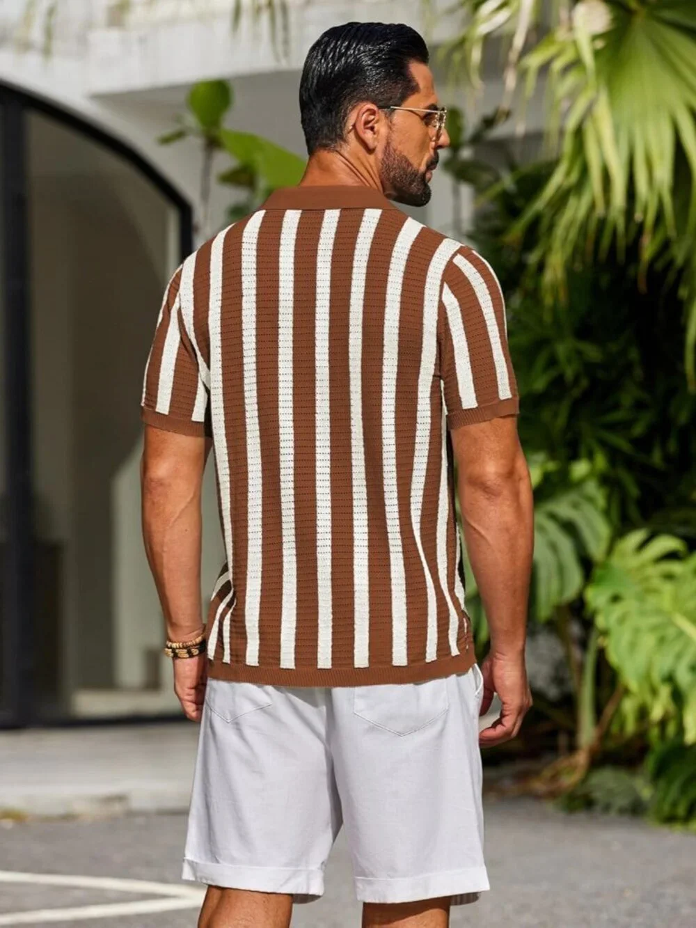 Men's Caramel & Beige Knit Striped Polo Short Sleeve Summer Beach Casual Shirt - Picture 3 of 6